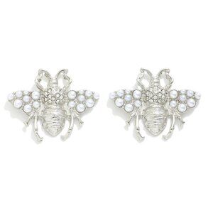 Metal Pearl and Rhinestone Studded Bee Oversized Stud Earrings - Silver